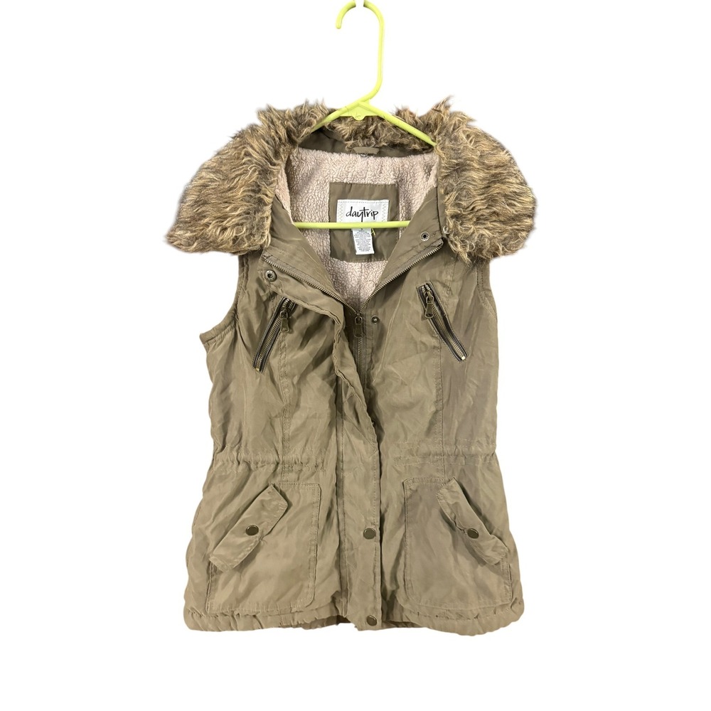 Daytrip Womens Tan Khaki Utility Vest Faux Fur Collar Sherpa Lined Small
